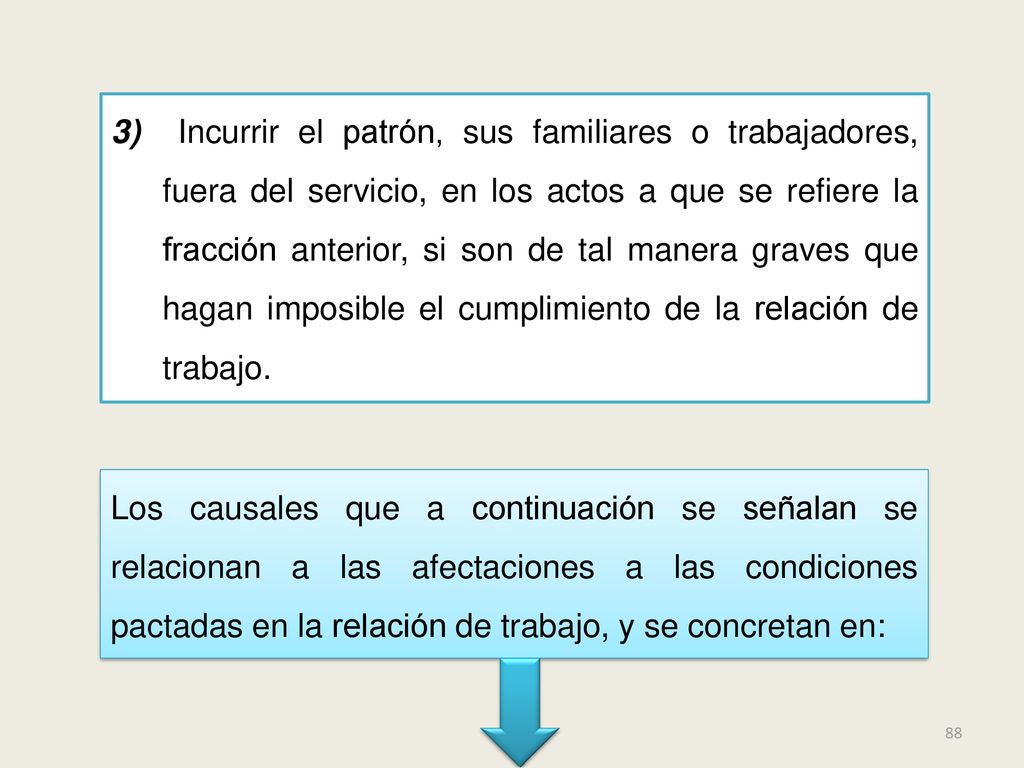 3) Incurrir el patrón, sus familiares o trabajadores, fuera del servicio, en los actos a que se refiere la fracción anterior, si son de tal manera graves que hagan imposible el cumplimiento de la relación de trabajo.