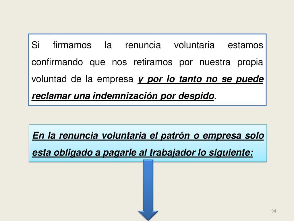 Si firmamos la renuncia voluntaria estamos confirmando que nos retiramos por nuestra propia voluntad de la empresa y por lo tanto no se puede reclamar una indemnización por despido.