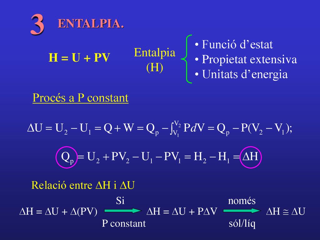 3 ENTALPIA. Funció d’estat Entalpia Propietat extensiva H = U + PV (H)