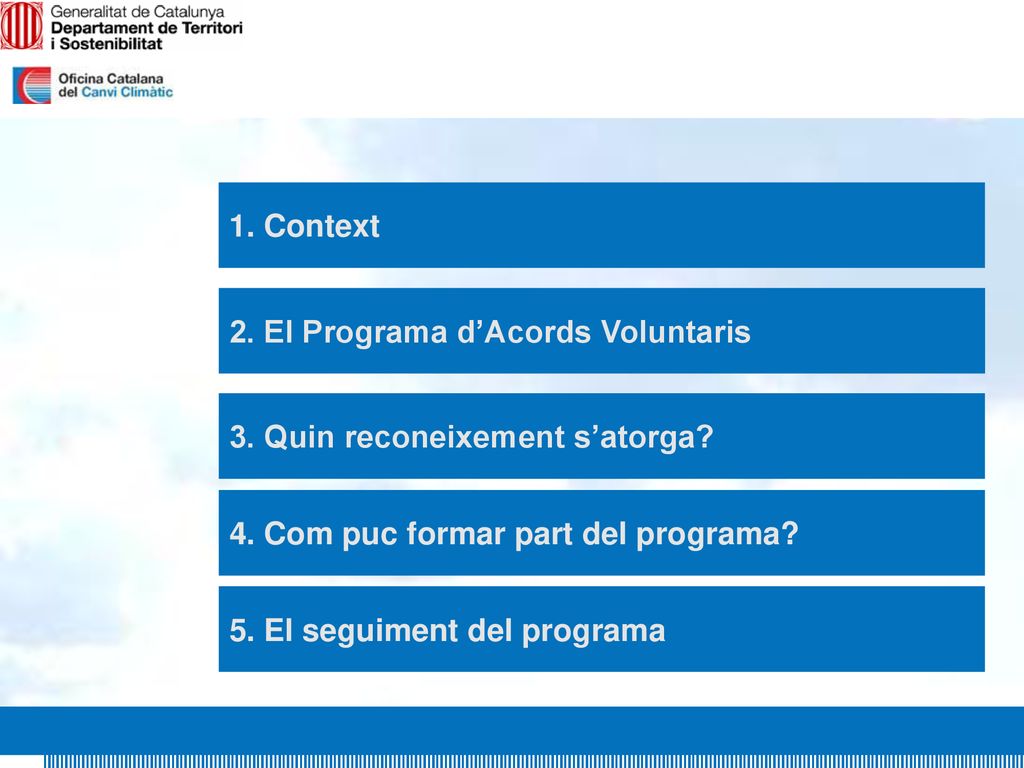 1. Context 2. El Programa d’Acords Voluntaris. 3. Quin reconeixement s’atorga 4. Com puc formar part del programa