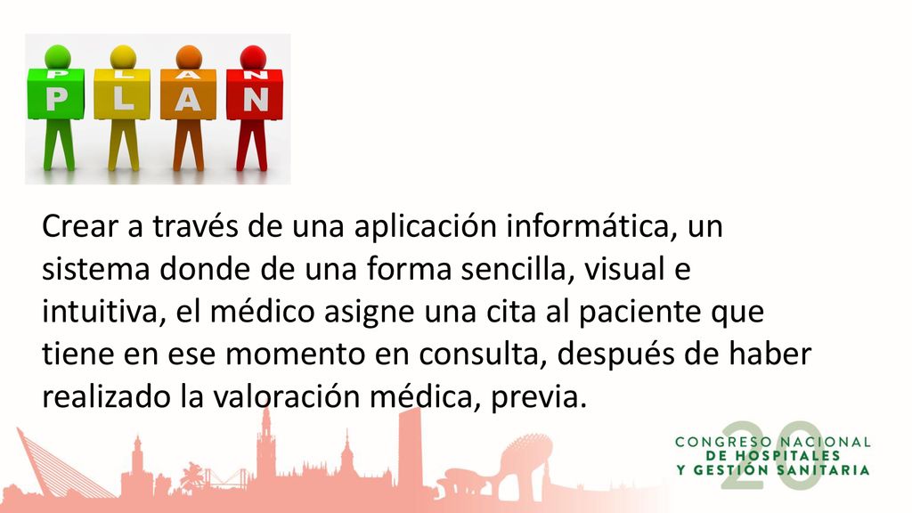Crear a través de una aplicación informática, un sistema donde de una forma sencilla, visual e intuitiva, el médico asigne una cita al paciente que tiene en ese momento en consulta, después de haber realizado la valoración médica, previa.