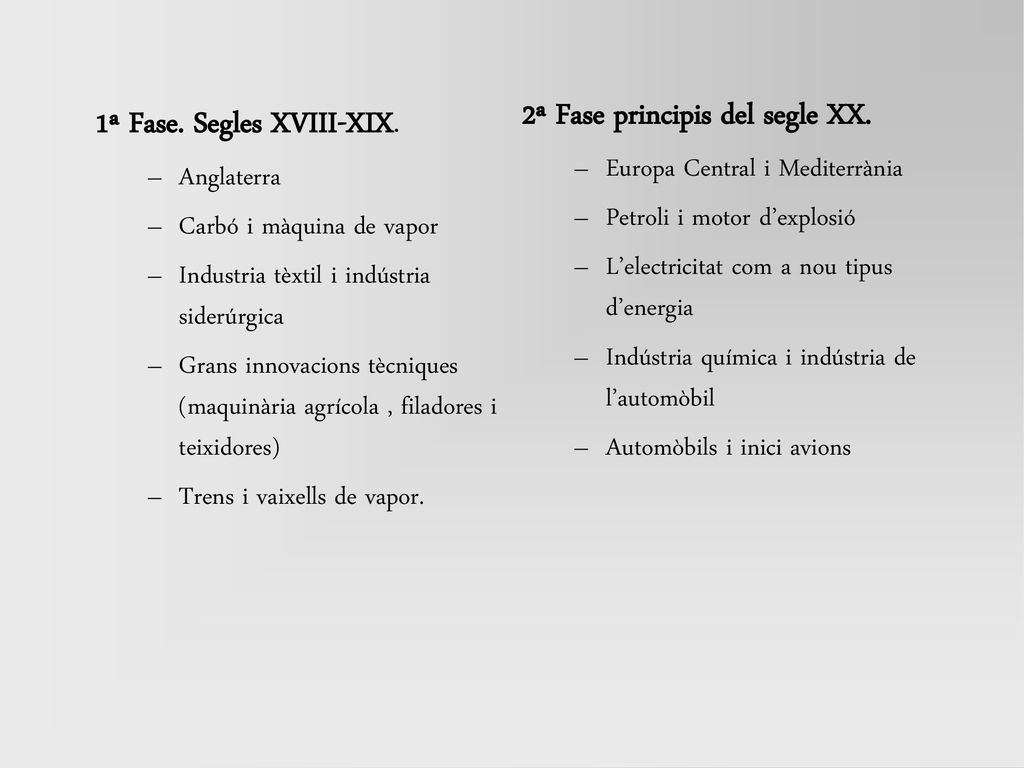 2ª Fase principis del segle XX. 1ª Fase. Segles XVIII-XIX.
