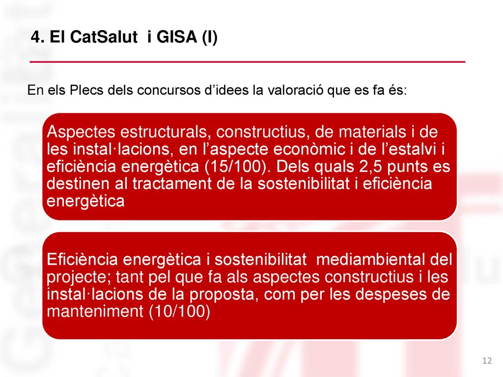 4. El CatSalut i GISA (I) En els Plecs dels concursos d’idees la valoració que es fa és: