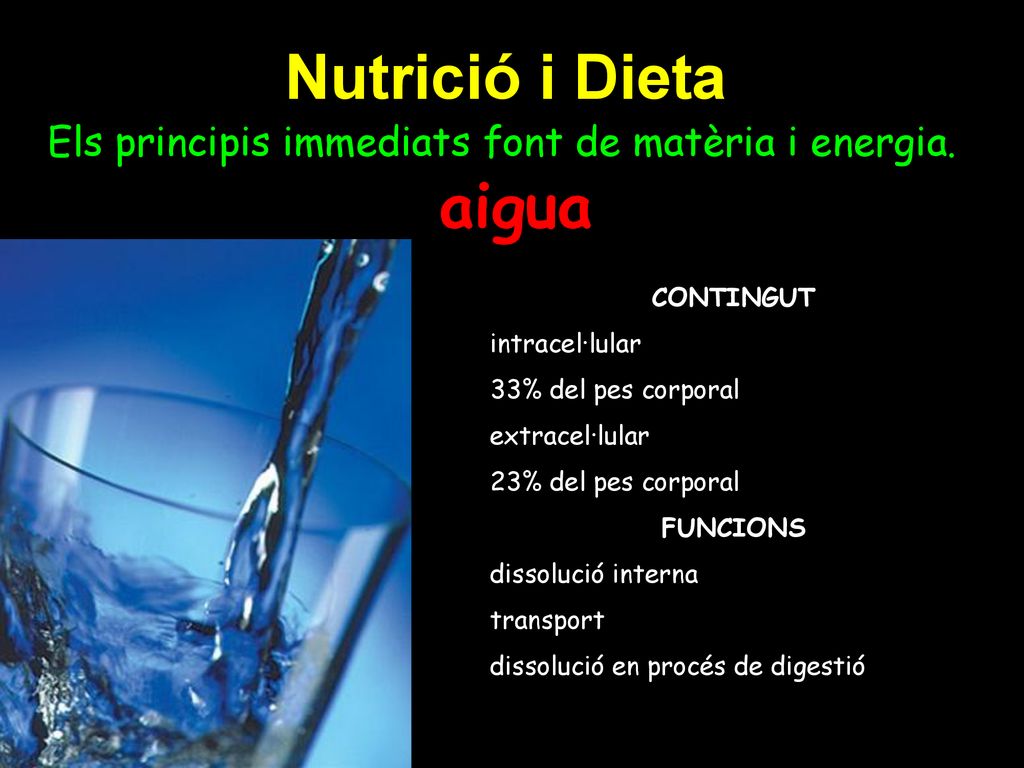 Nutrició i Dieta Els principis immediats font de matèria i energia. aigua. CONTINGUT. intracel·lular.