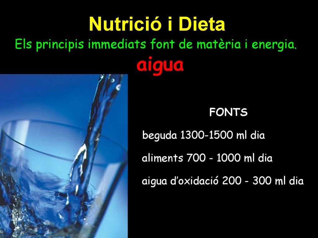 Nutrició i Dieta Els principis immediats font de matèria i energia. aigua. FONTS. beguda ml dia.