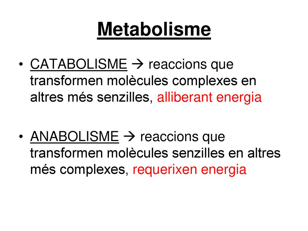 Metabolisme CATABOLISME  reaccions que transformen molècules complexes en altres més senzilles, alliberant energia.