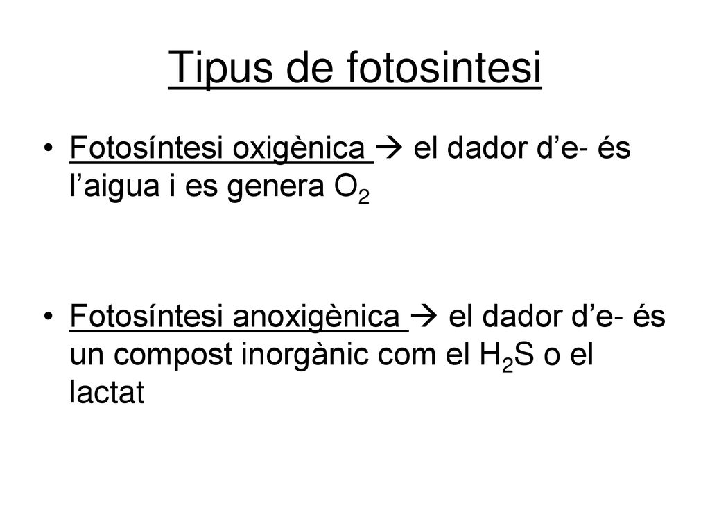 Tipus de fotosintesi Fotosíntesi oxigènica  el dador d’e- és l’aigua i es genera O2.
