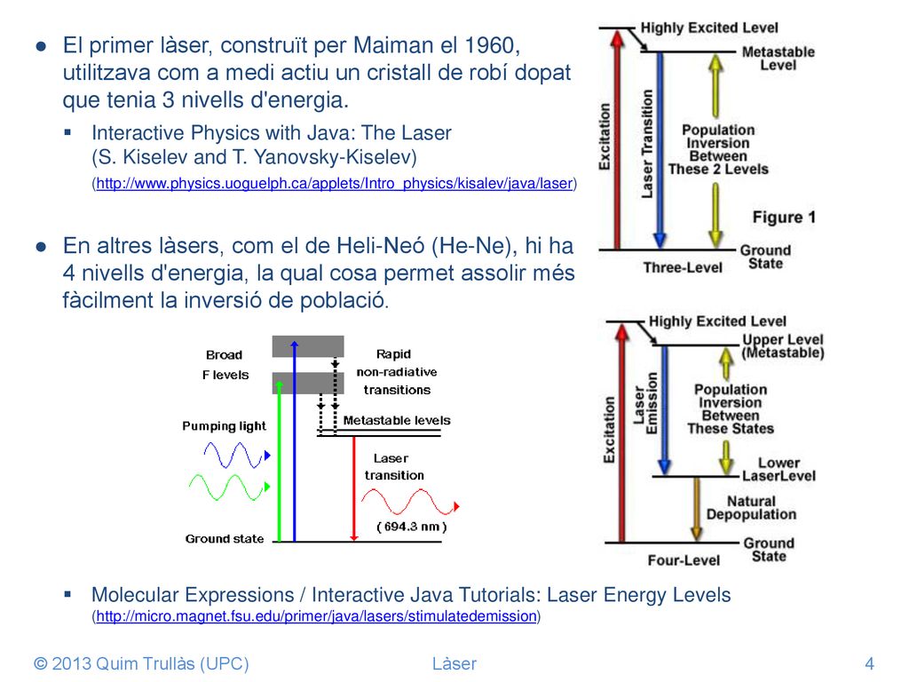 El primer làser, construït per Maiman el 1960, utilitzava com a medi actiu un cristall de robí dopat que tenia 3 nivells d energia.