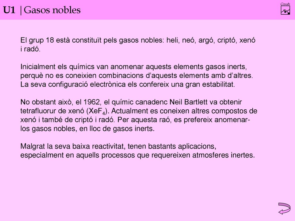 U1 |Gasos nobles El grup 18 està constituït pels gasos nobles: heli, neó, argó, criptó, xenó i radó.