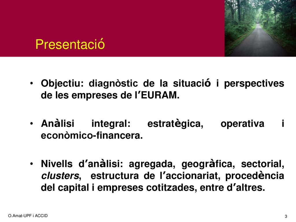 Presentació Objectiu: diagnòstic de la situació i perspectives de les empreses de l’EURAM.