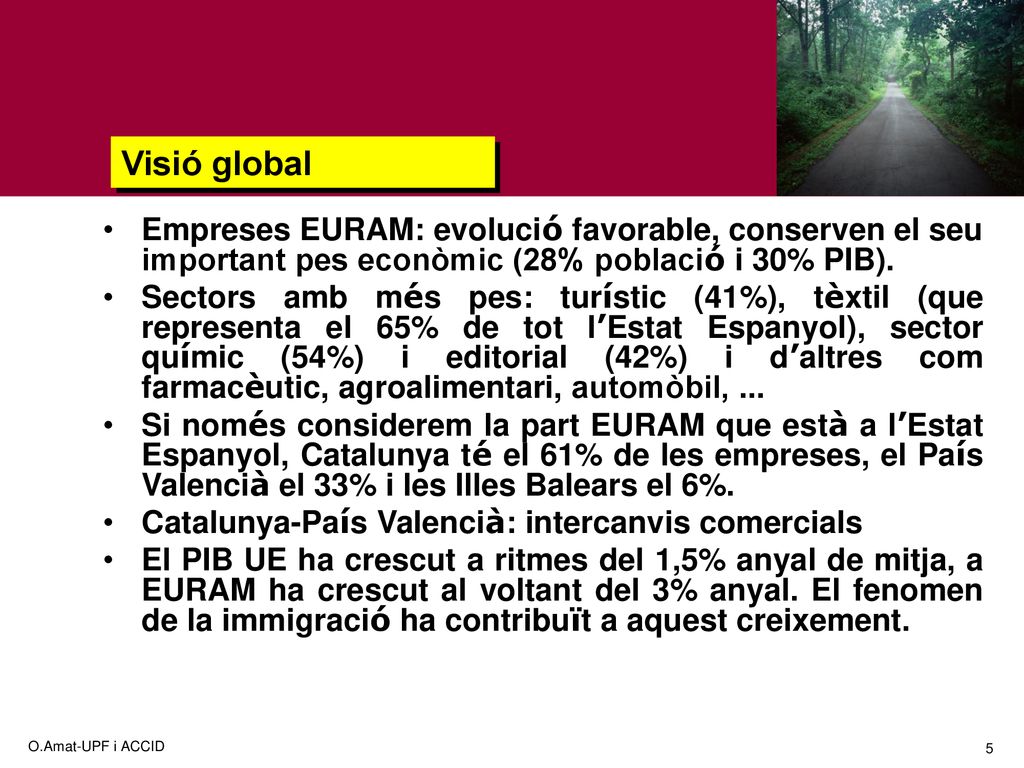 Visió global Empreses EURAM: evolució favorable, conserven el seu important pes econòmic (28% població i 30% PIB).