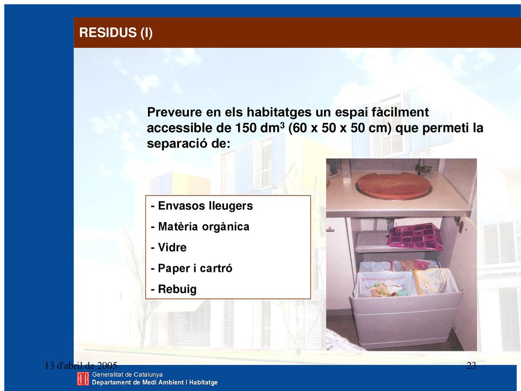 RESIDUS (I) Preveure en els habitatges un espai fàcilment accessible de 150 dm3 (60 x 50 x 50 cm) que permeti la separació de: