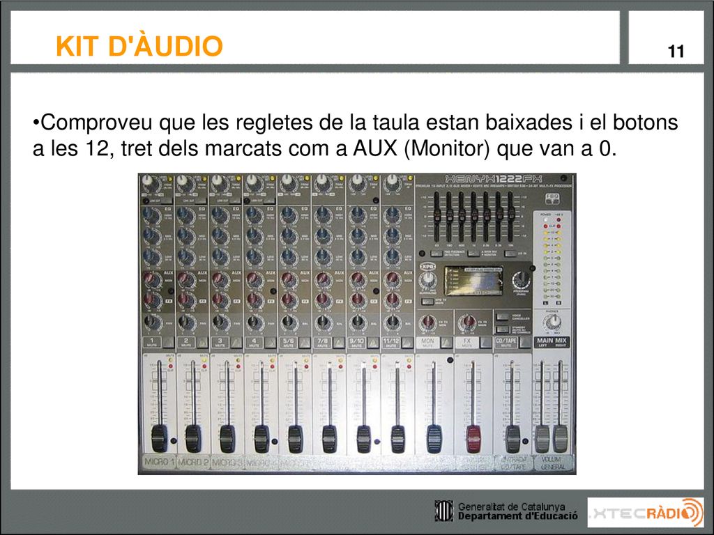 Comproveu que les regletes de la taula estan baixades i el botons a les 12, tret dels marcats com a AUX (Monitor) que van a 0.
