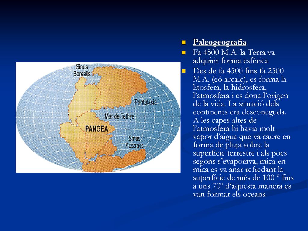 Paleogeografia Fa 4500 M.A. la Terra va adquirir forma esfèrica.
