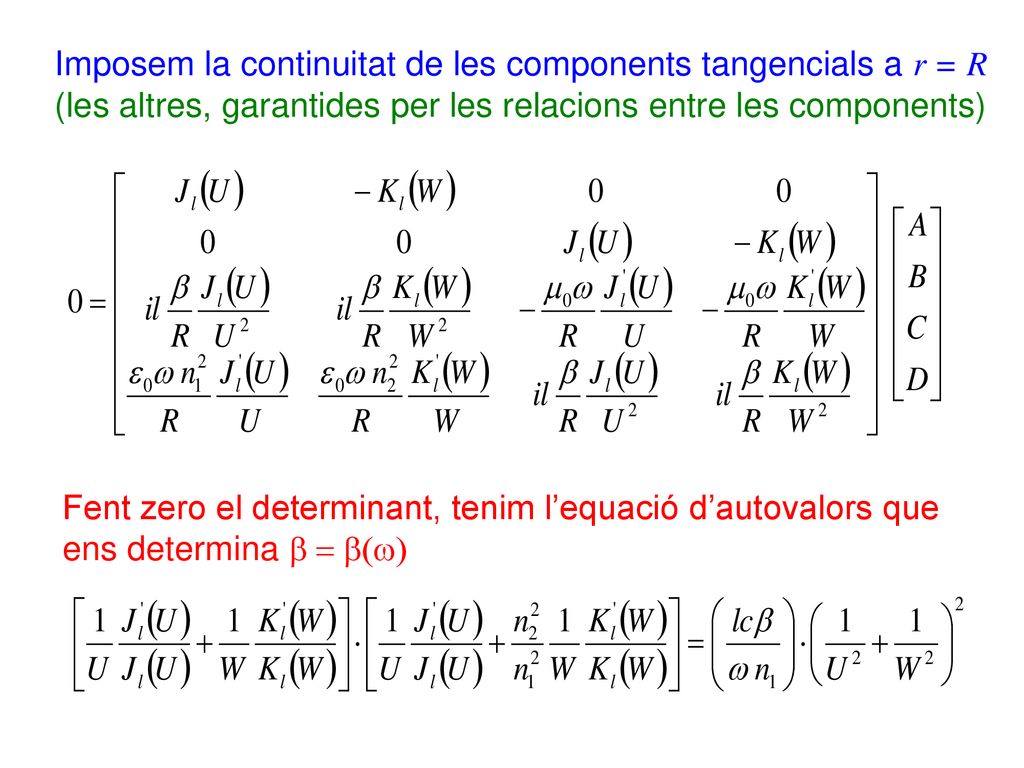 Imposem la continuitat de les components tangencials a r = R (les altres, garantides per les relacions entre les components)
