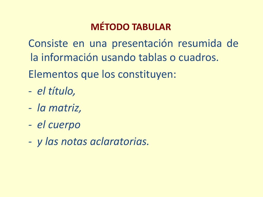 MÉTODO TABULAR Consiste en una presentación resumida de la información usando tablas o cuadros. Elementos que los constituyen: