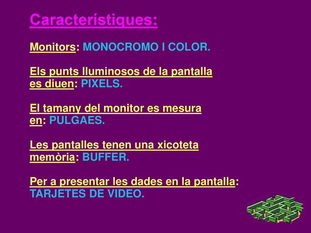 Característiques: Monitors: MONOCROMO I COLOR.