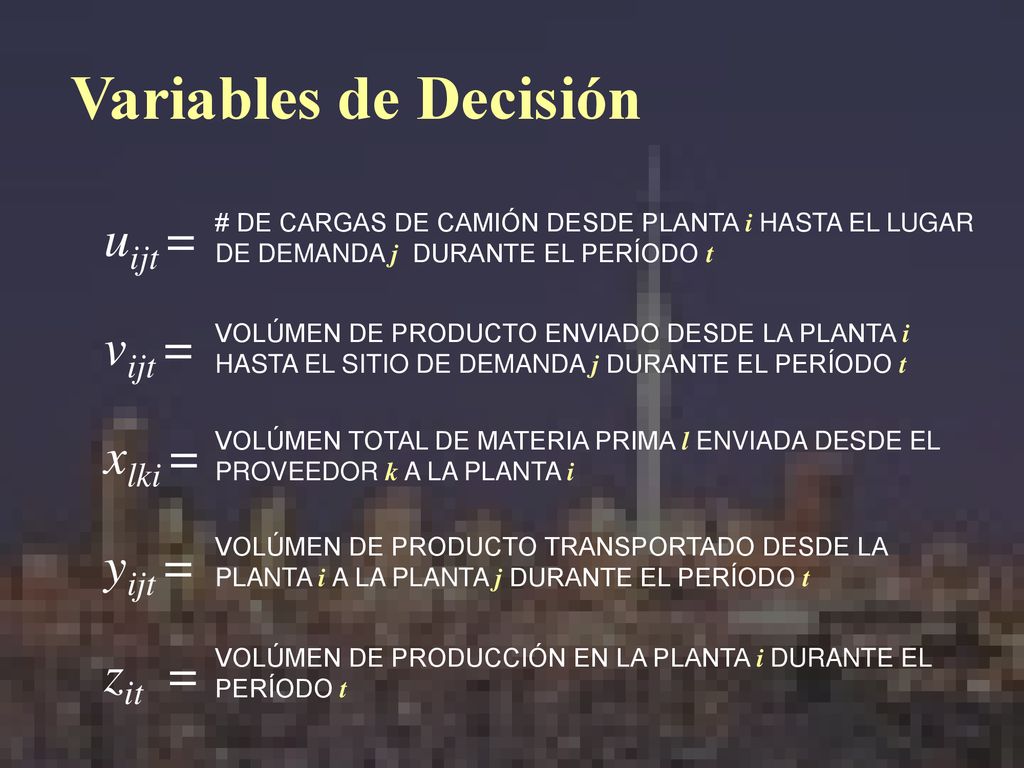 Variables de Decisión uijt = vijt = xlki = yijt = zit =