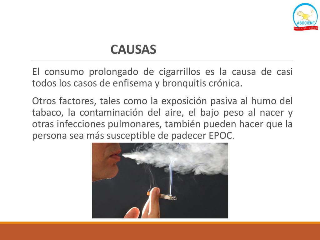 CAUSAS El consumo prolongado de cigarrillos es la causa de casi todos los casos de enfisema y bronquitis crónica.
