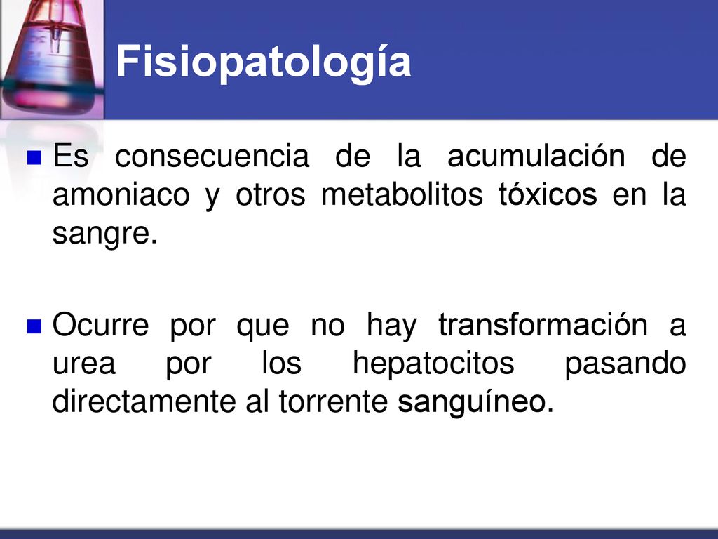 Fisiopatología Es consecuencia de la acumulación de amoniaco y otros metabolitos tóxicos en la sangre.