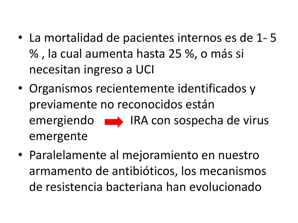 La mortalidad de pacientes internos es de 1- 5 % , la cual aumenta hasta 25 %, o más si necesitan ingreso a UCI