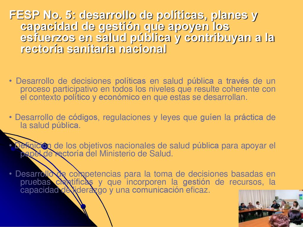 FESP No. 5: desarrollo de políticas, planes y capacidad de gestión que apoyen los esfuerzos en salud pública y contribuyan a la rectoría sanitaria nacional