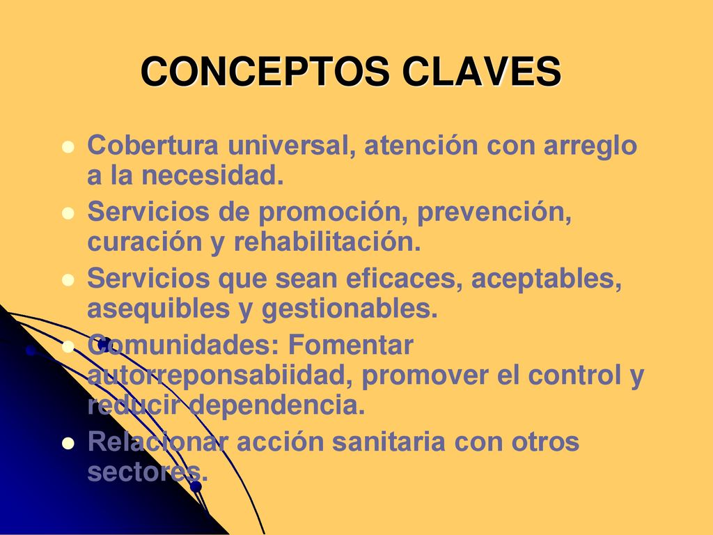 CONCEPTOS CLAVES Cobertura universal, atención con arreglo a la necesidad. Servicios de promoción, prevención, curación y rehabilitación.