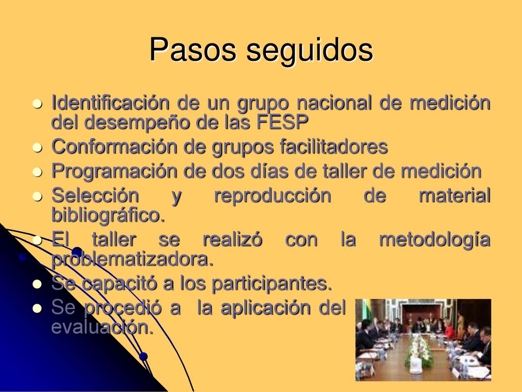 Pasos seguidos Identificación de un grupo nacional de medición del desempeño de las FESP. Conformación de grupos facilitadores.