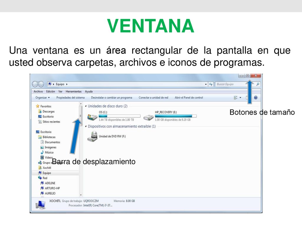 VENTANA Una ventana es un área rectangular de la pantalla en que usted observa carpetas, archivos e iconos de programas.