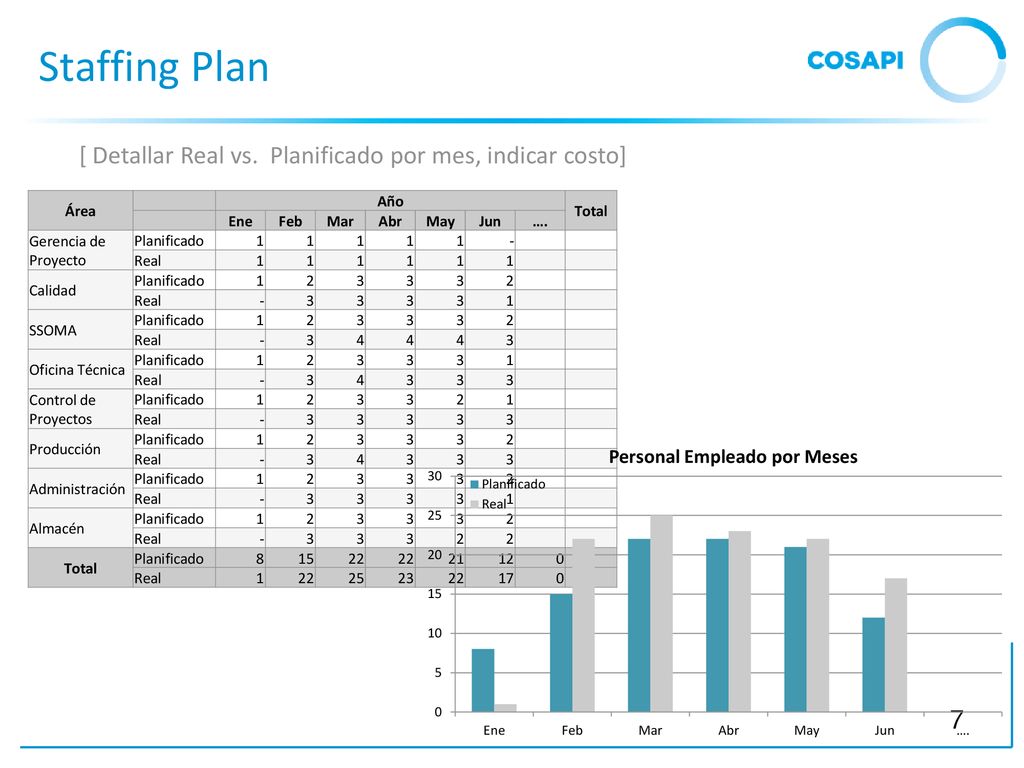 Staffing Plan [ Detallar Real vs. Planificado por mes, indicar costo]