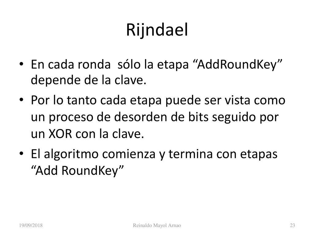 Criptografía Rijndael. En cada ronda sólo la etapa AddRoundKey depende de la clave.