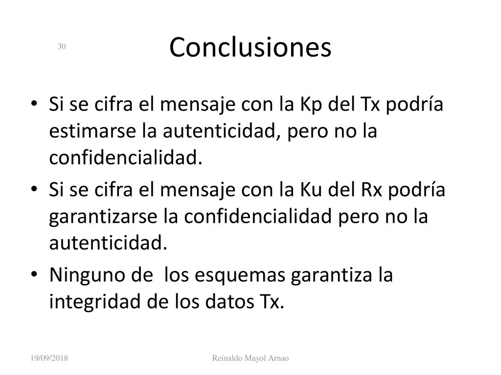 Criptografía 19/09/2018. Conclusiones. Si se cifra el mensaje con la Kp del Tx podría estimarse la autenticidad, pero no la confidencialidad.