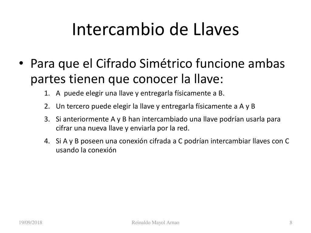 Criptografía Intercambio de Llaves. Para que el Cifrado Simétrico funcione ambas partes tienen que conocer la llave: