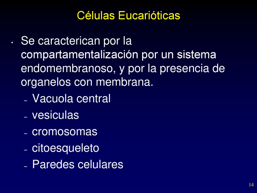 Células Eucarióticas Se caracterican por la compartamentalización por un sistema endomembranoso, y por la presencia de organelos con membrana.