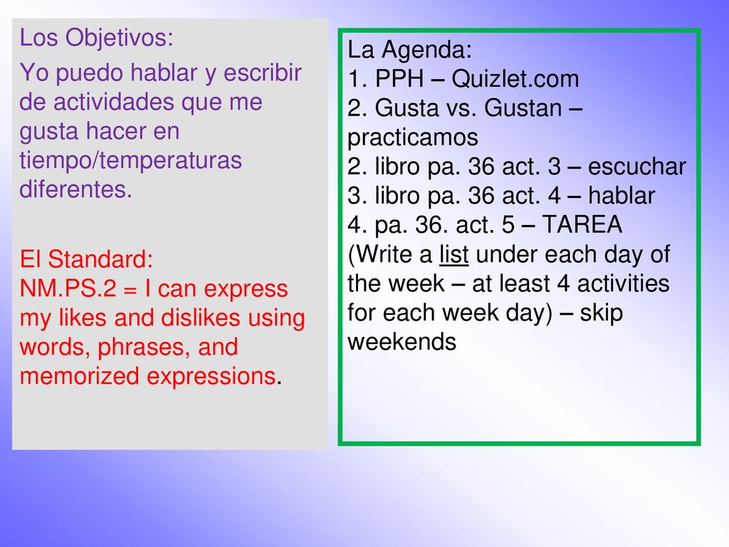Los Objetivos: Yo puedo hablar y escribir de actividades que me gusta hacer en tiempo/temperaturas diferentes.