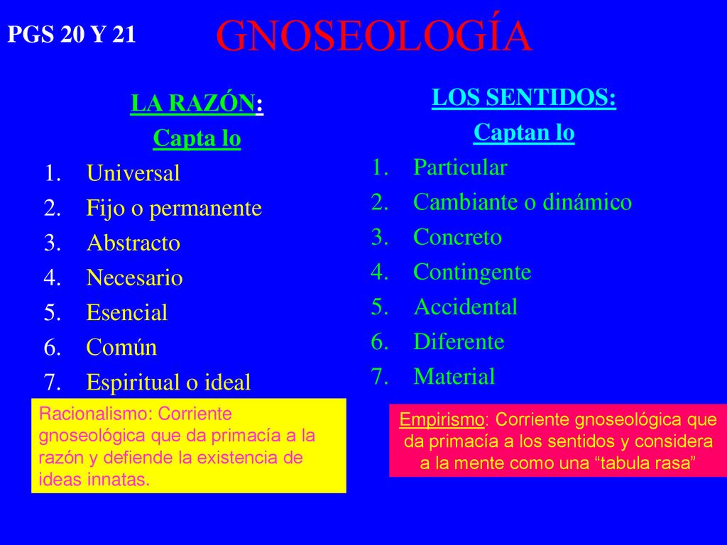 GNOSEOLOGÍA PGS 20 Y 21 LOS SENTIDOS: LA RAZÓN: Captan lo Capta lo