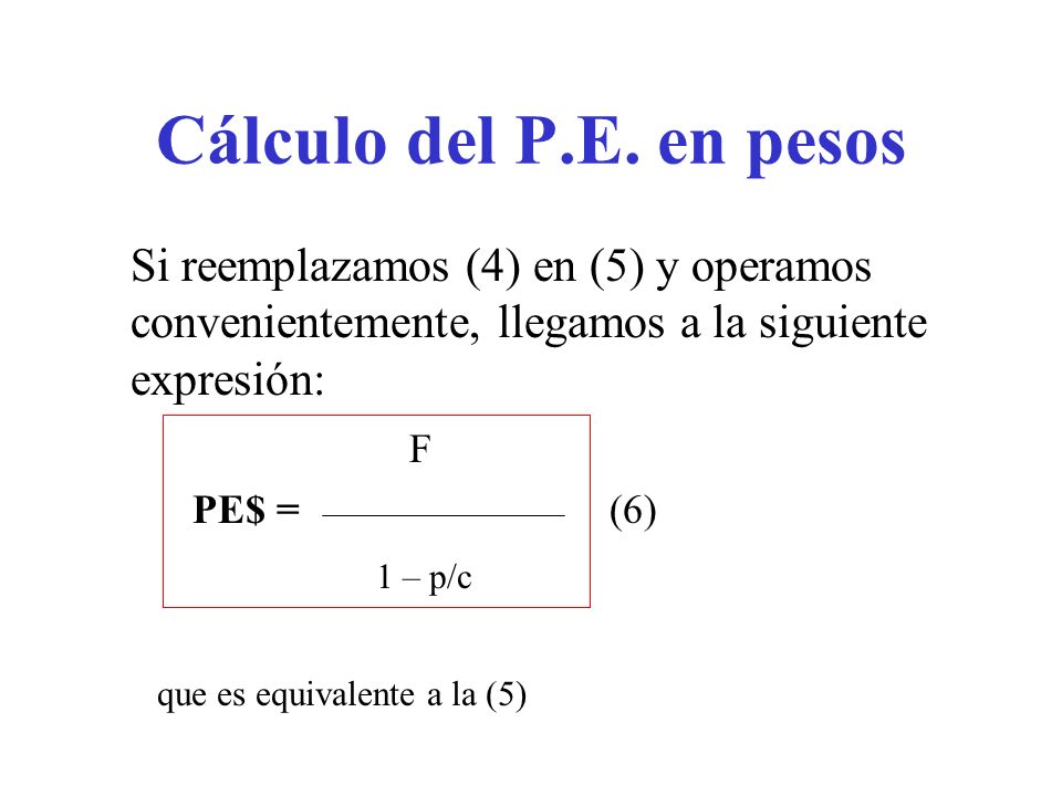 Cálculo del P.E. en pesos Si reemplazamos (4) en (5) y operamos convenientemente, llegamos a la siguiente expresión: