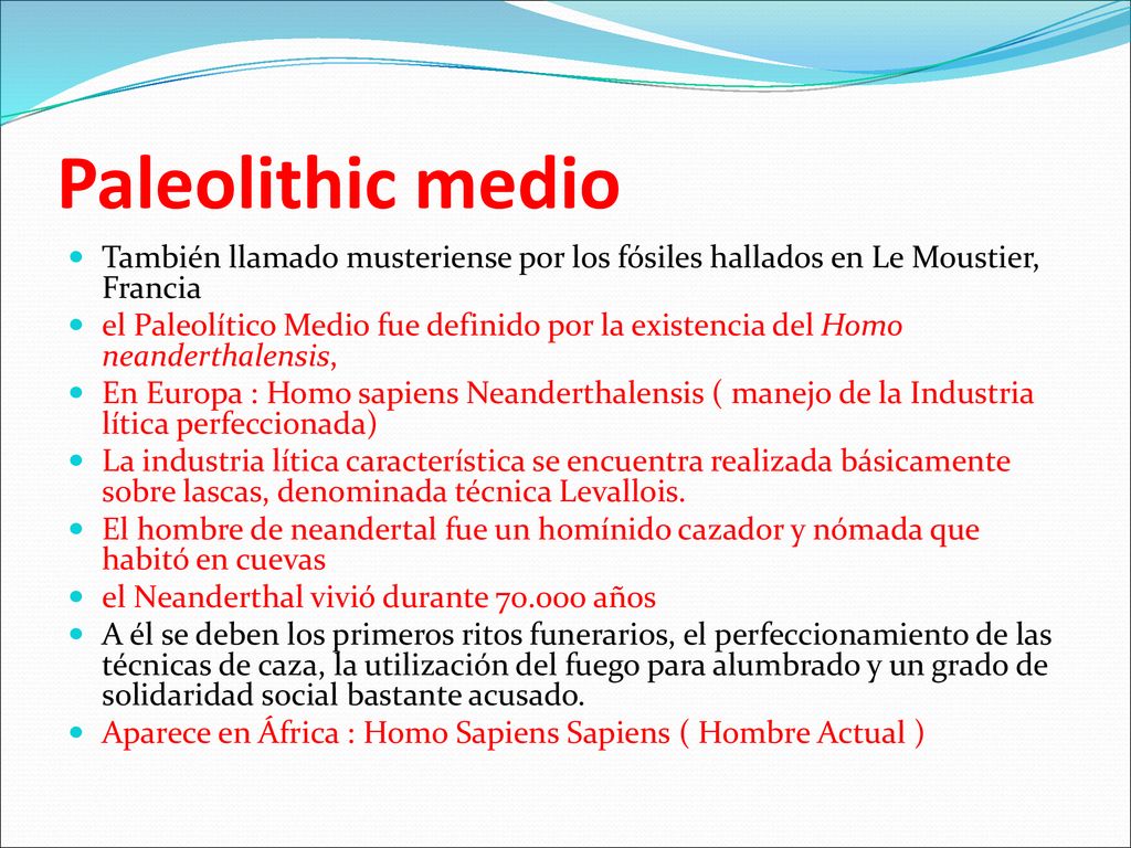 Paleolithic medio También llamado musteriense por los fósiles hallados en Le Moustier, Francia.