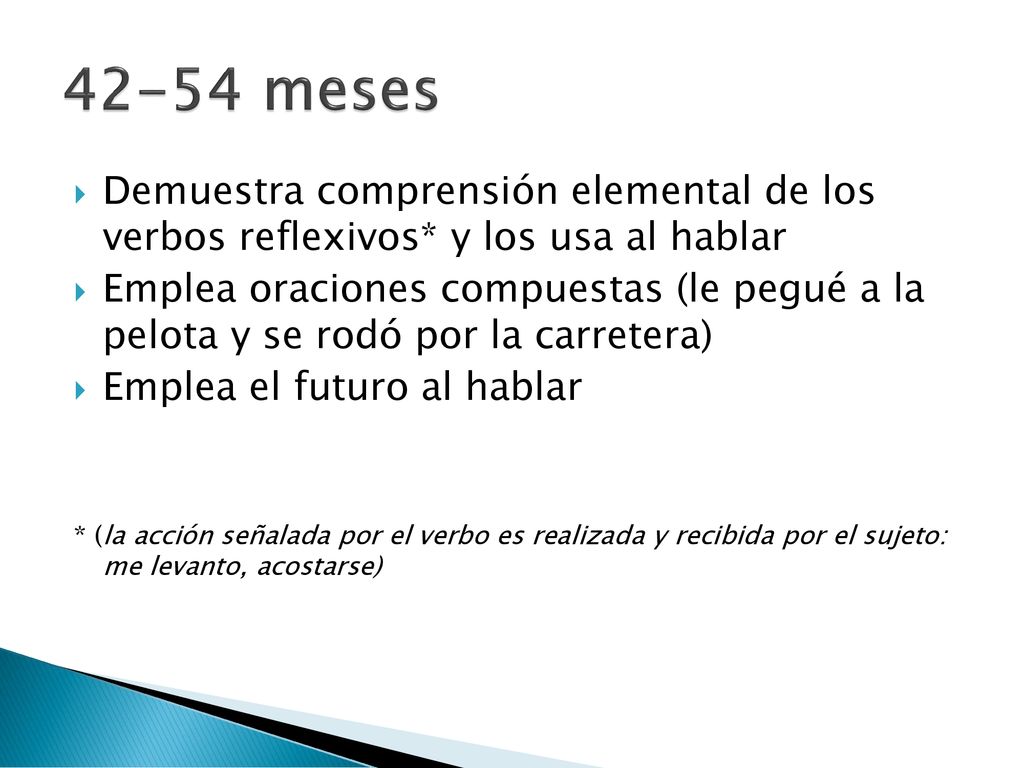 42-54 meses Demuestra comprensión elemental de los verbos reflexivos* y los usa al hablar.