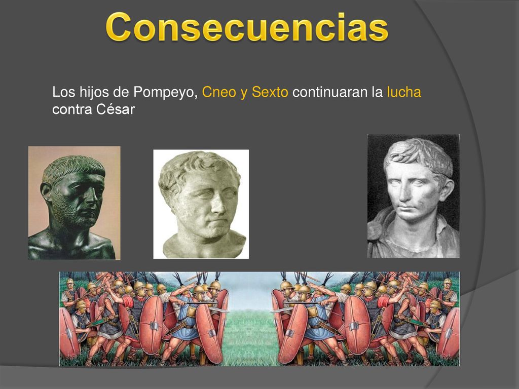 Consecuencias Los hijos de Pompeyo, Cneo y Sexto continuaran la lucha contra César