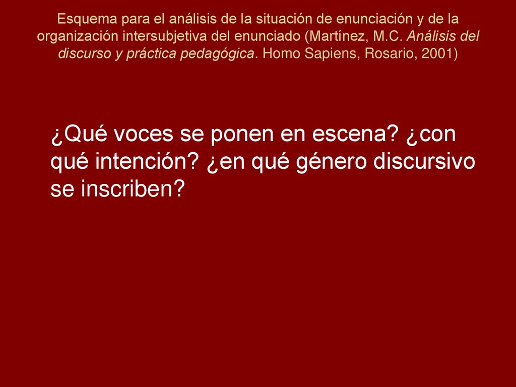 Esquema para el análisis de la situación de enunciación y de la organización intersubjetiva del enunciado (Martínez, M.C. Análisis del discurso y práctica pedagógica. Homo Sapiens, Rosario, 2001)
