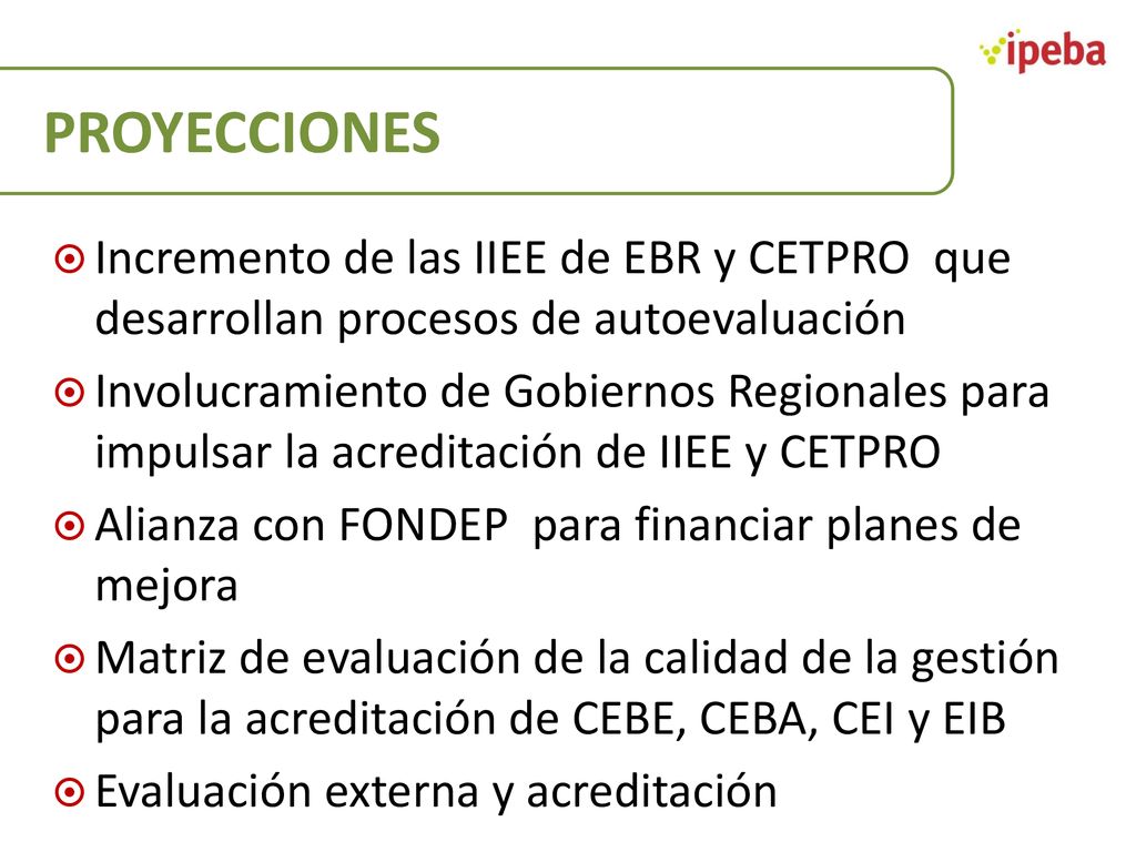 PROYECCIONES Incremento de las IIEE de EBR y CETPRO que desarrollan procesos de autoevaluación.