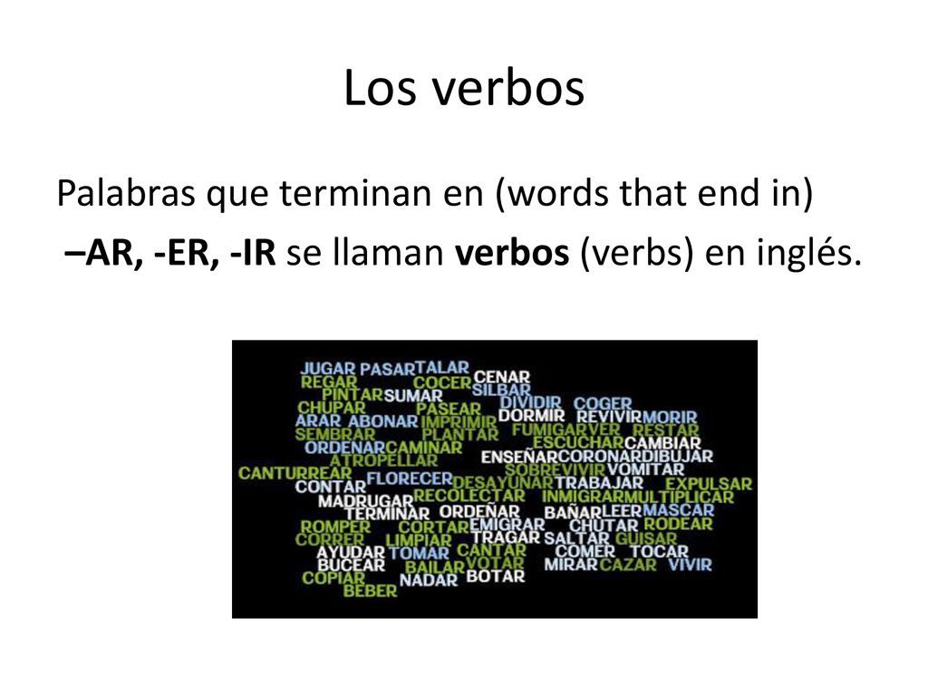 Los verbos Palabras que terminan en (words that end in) –AR, -ER, -IR se llaman verbos (verbs) en inglés.