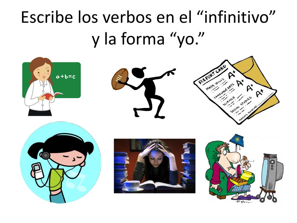Escribe los verbos en el infinitivo y la forma yo.