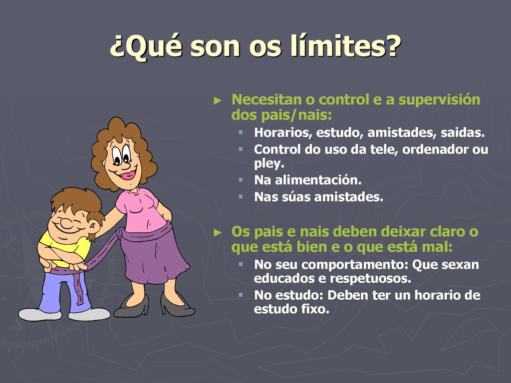 ¿Qué son os límites Necesitan o control e a supervisión dos pais/nais: Horarios, estudo, amistades, saidas.