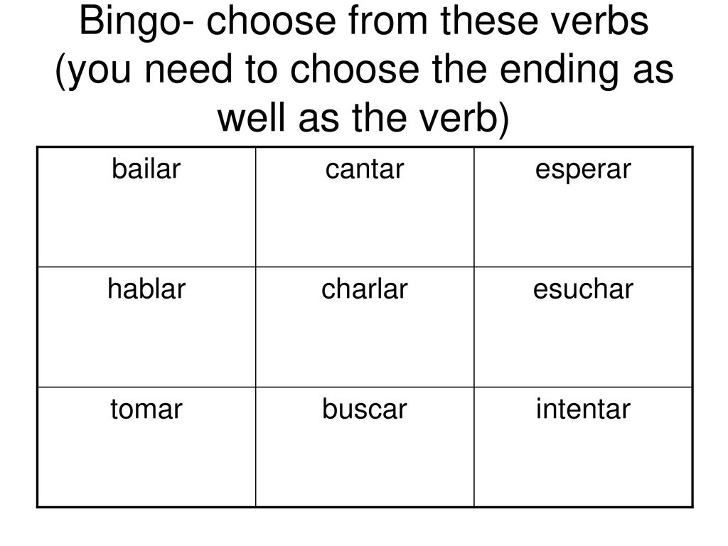 Bingo- choose from these verbs (you need to choose the ending as well as the verb)