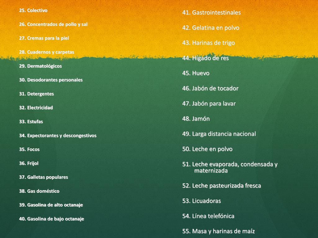 25. Colectivo 26. Concentrados de pollo y sal. 27. Cremas para la piel. 28. Cuadernos y carpetas.