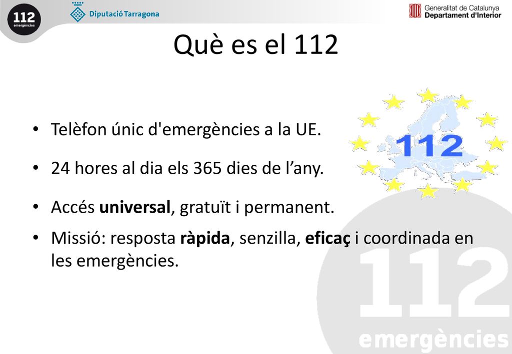 Què es el 112 Telèfon únic d emergències a la UE.