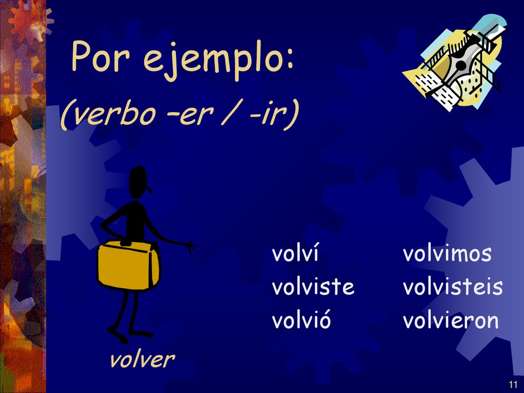Por ejemplo: (verbo –er / -ir) volver volví volviste volvió volvimos
