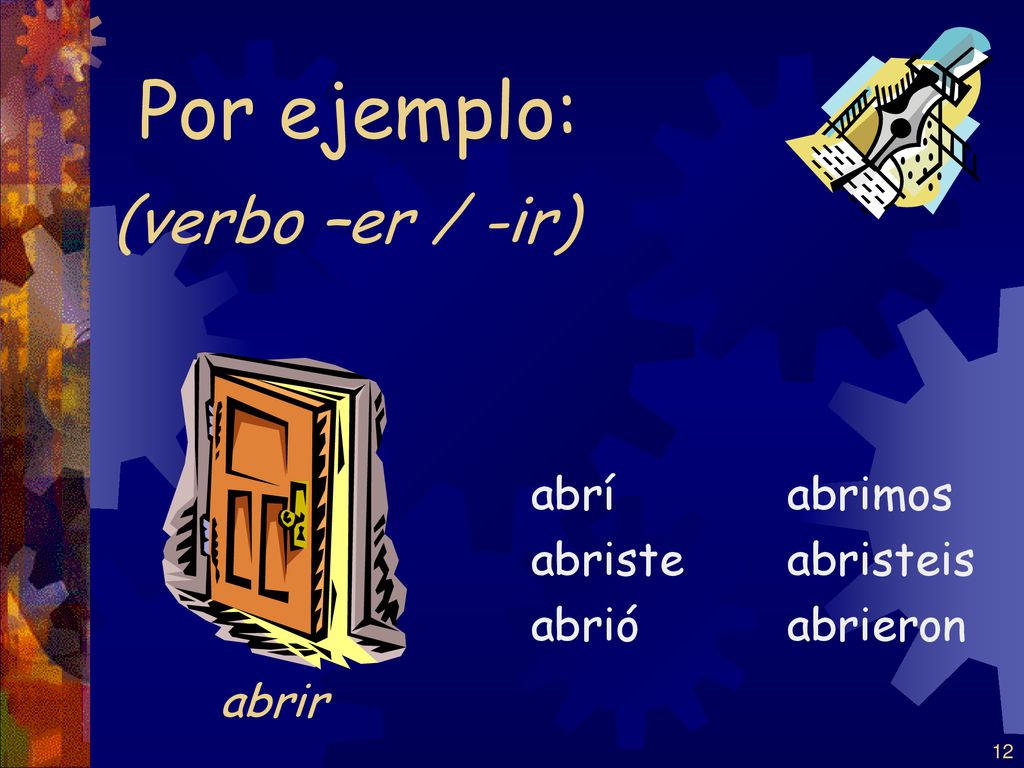 Por ejemplo: (verbo –er / -ir) abrir abrí abriste abrió abrimos